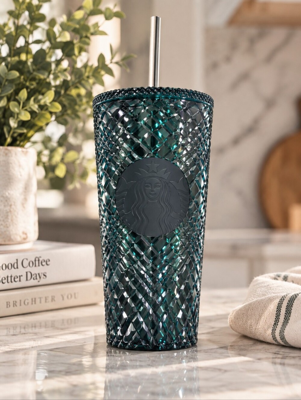 Starbucks emerald green diamond 16oz tumbler with metal straw